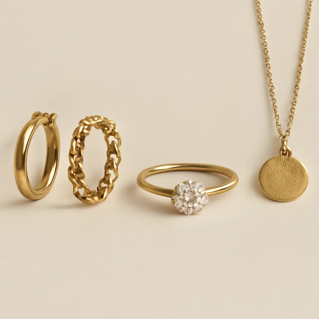 Ряд ювелирных изделий разных материалов: золото, золотое напыление, vermeil, gold-filled