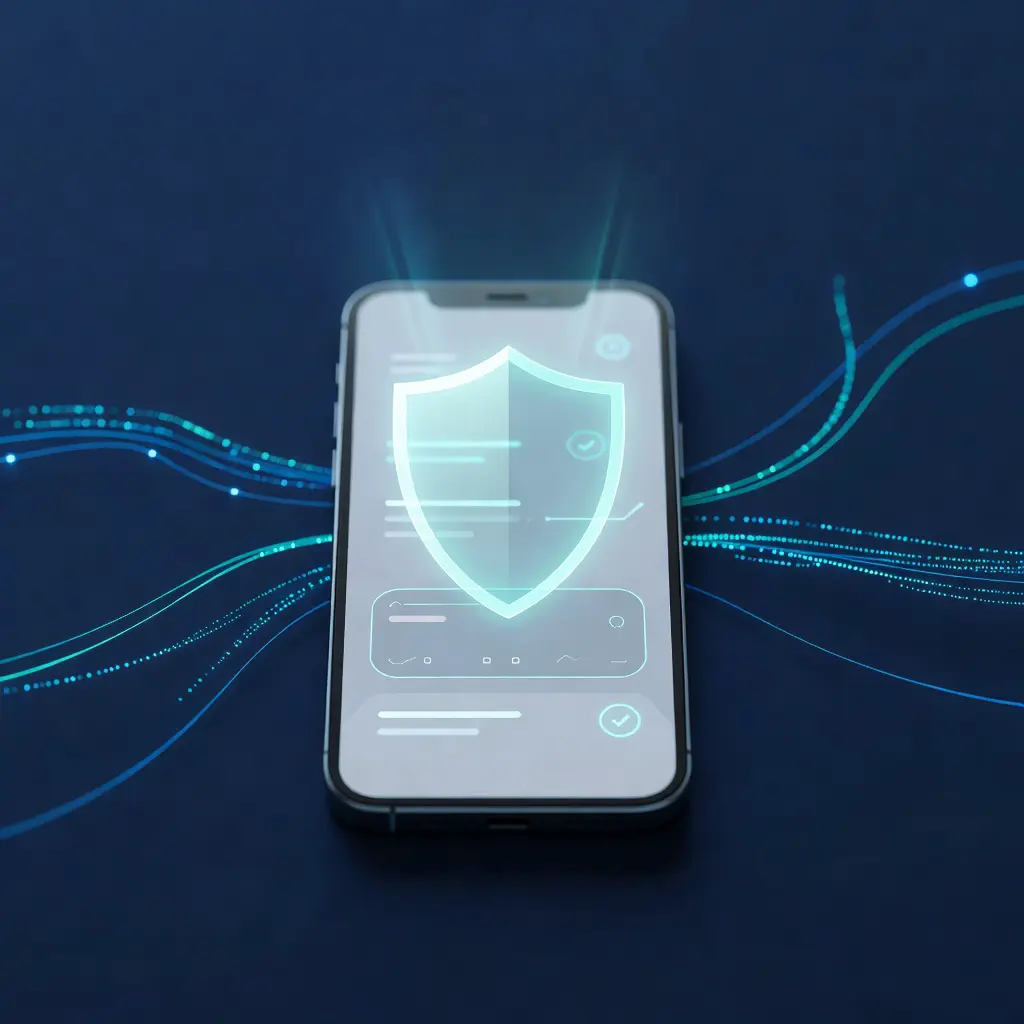 Смартфон с иконкой защитного щита и экраном подтверждения безопасной криптовалютной транзакции