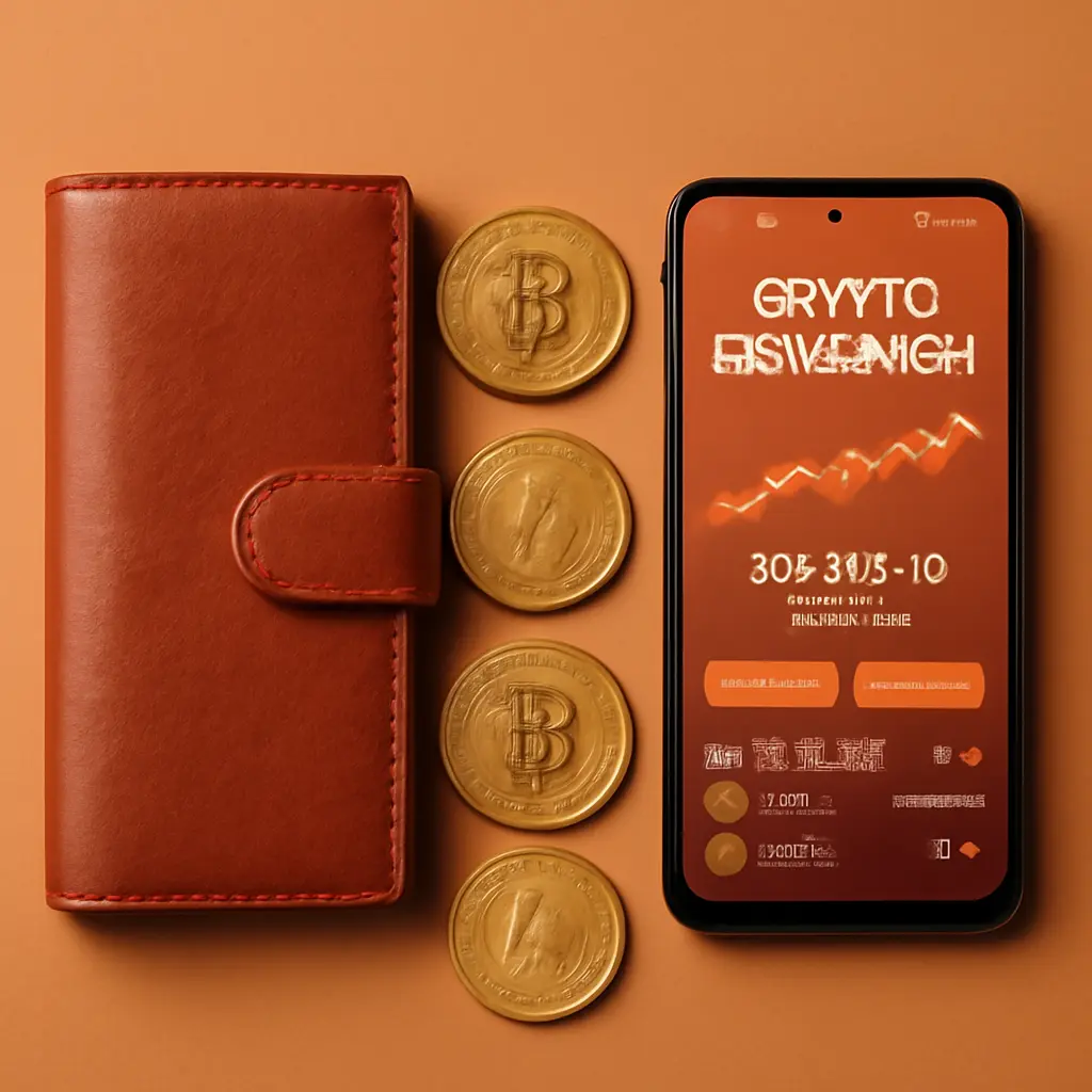 Кошелек с монетами и смартфон с приложением обмена криптовалюты