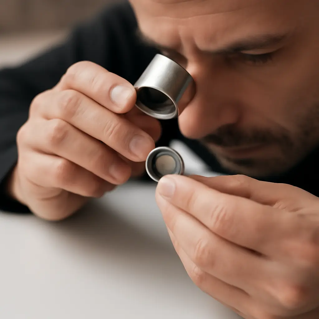 Ювелирный мастер проводит экспертизу золотого кольца