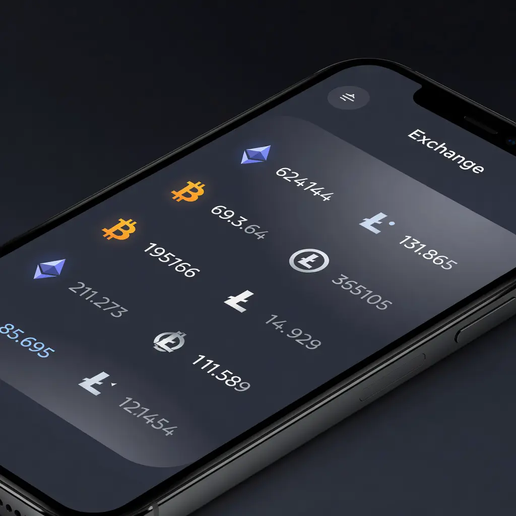 Экран смартфона с приложением криптообменника, показывающим курсы обмена криптовалют и торговые пары