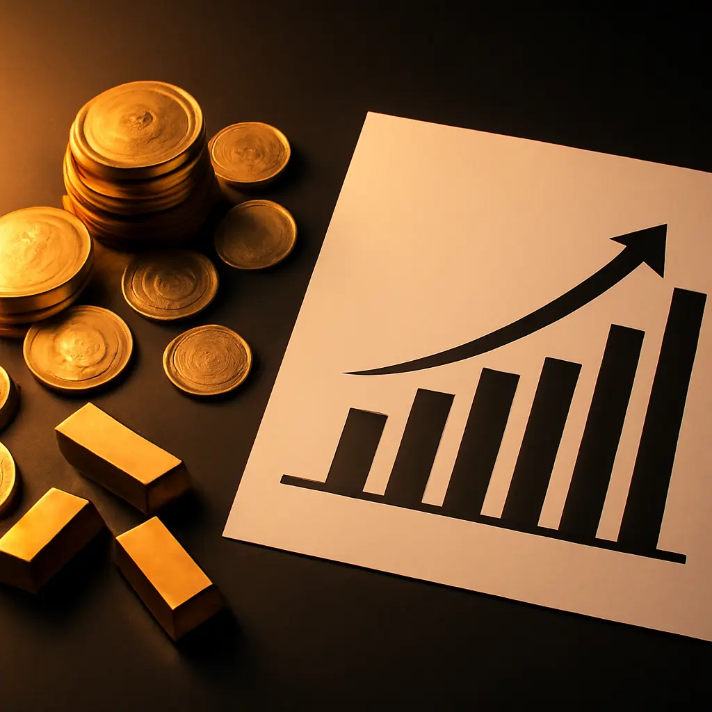 Инвестиции в золото и цифровые активы Золотые монеты и слитки рядом с графиком роста стоимости активов