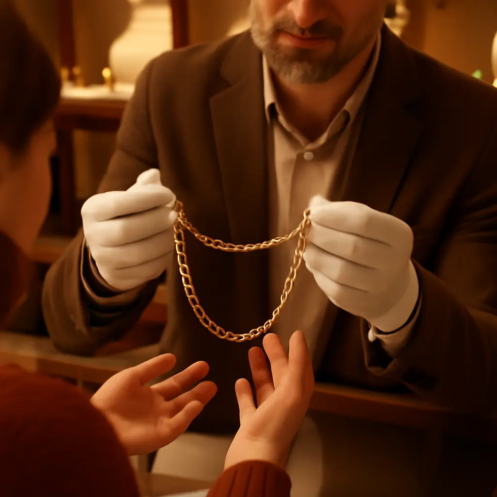 Ювелир показывает золотое украшение покупателю в магазине