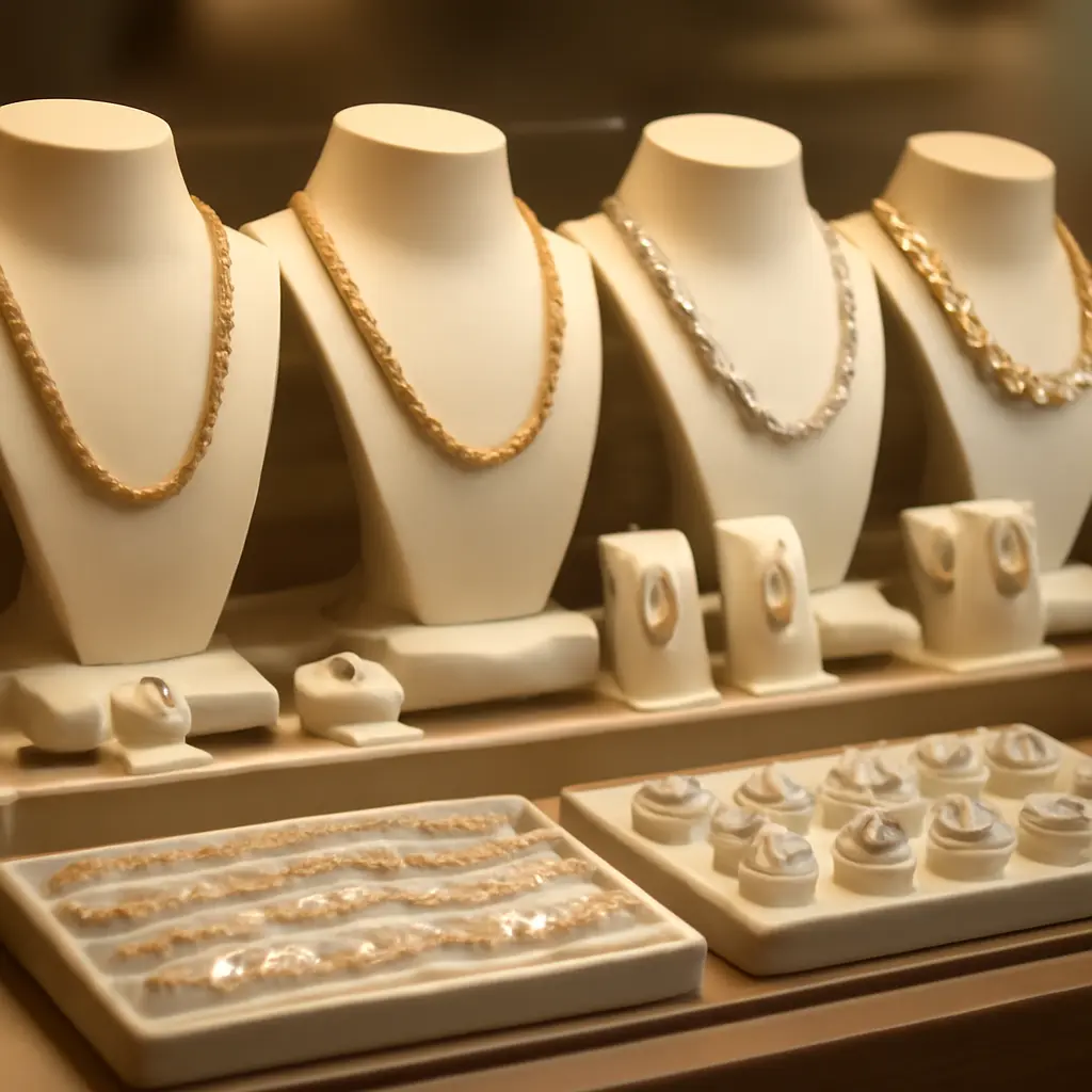 Ювелирные украшения на полке Золотые и серебряные украшения в витрине ювелирного магазина
