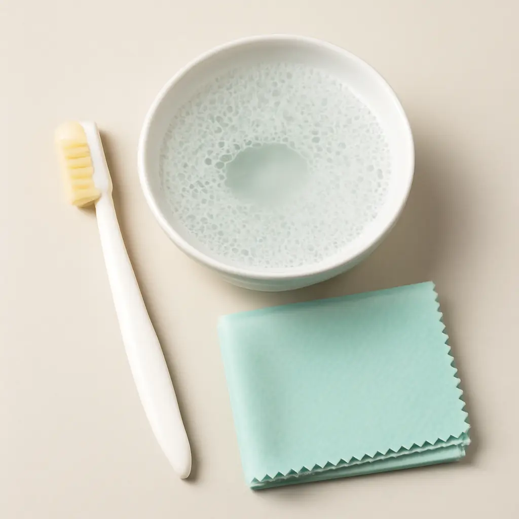 Материалы для быстрой чистки Набор средств для чистки ювелирных изделий: мягкая щётка, мыльный раствор, салфетка