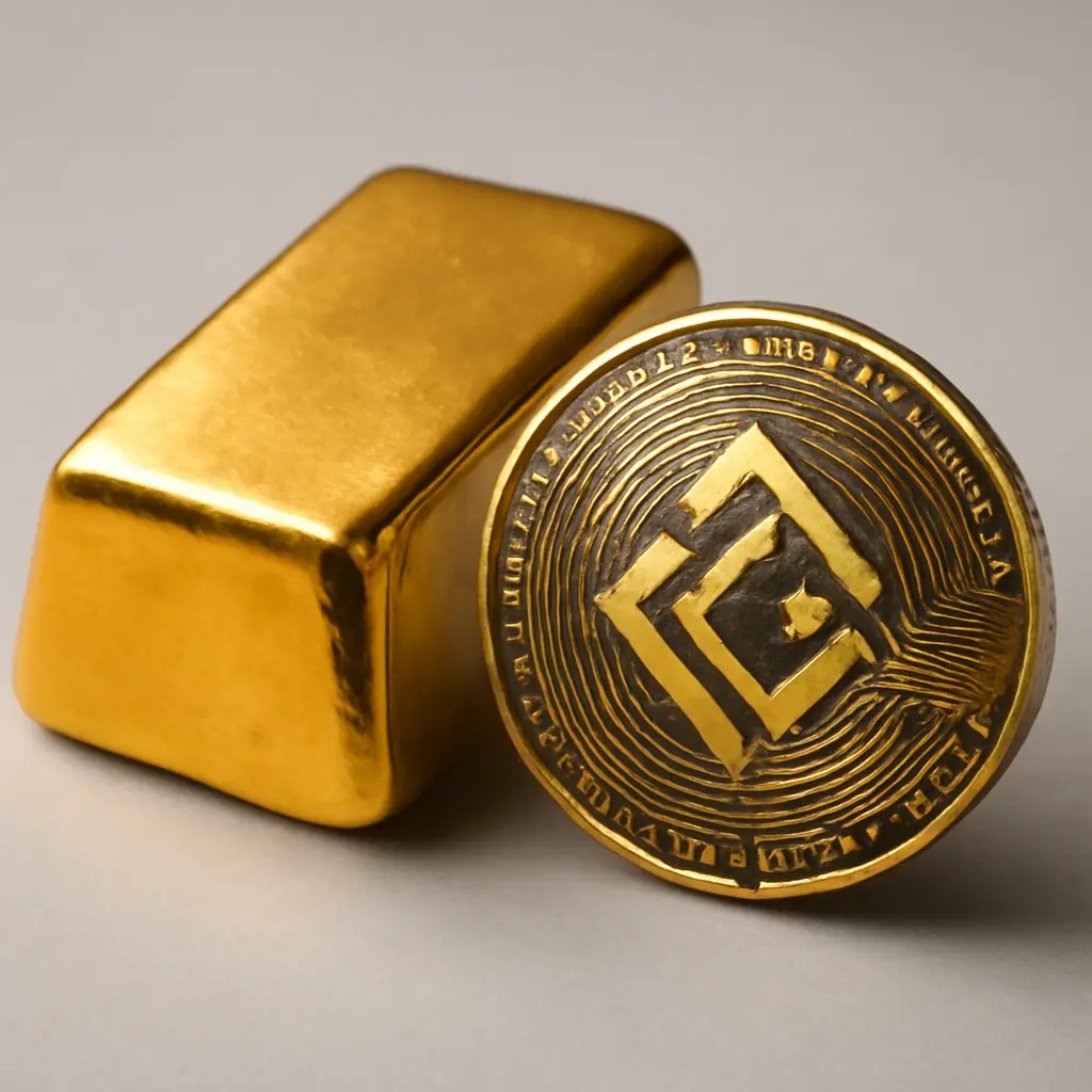 Сравнение золотого слитка и криптовалютной монеты
