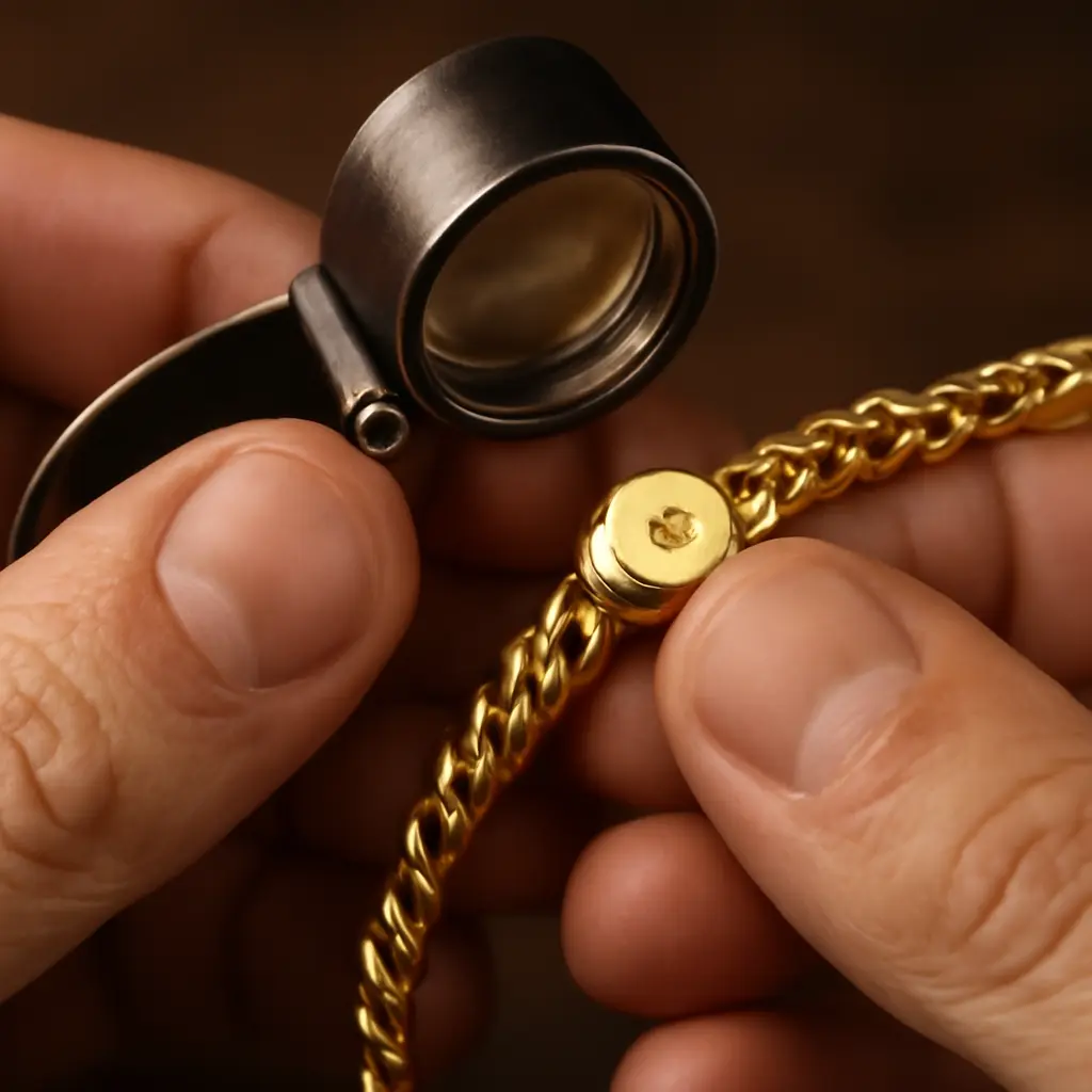 Процесс тестирования пробы золота с лупой и маркировкой