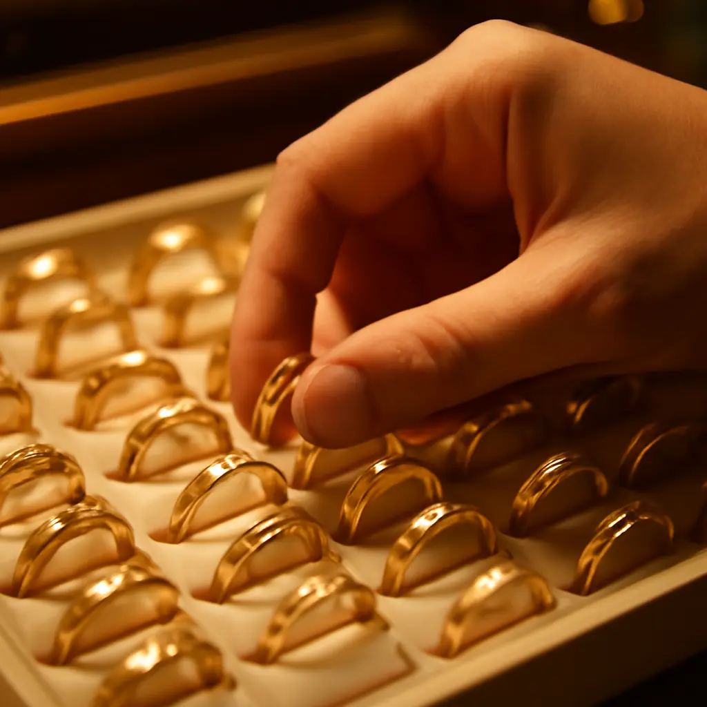 Выбор золотого кольца в ювелирном магазине