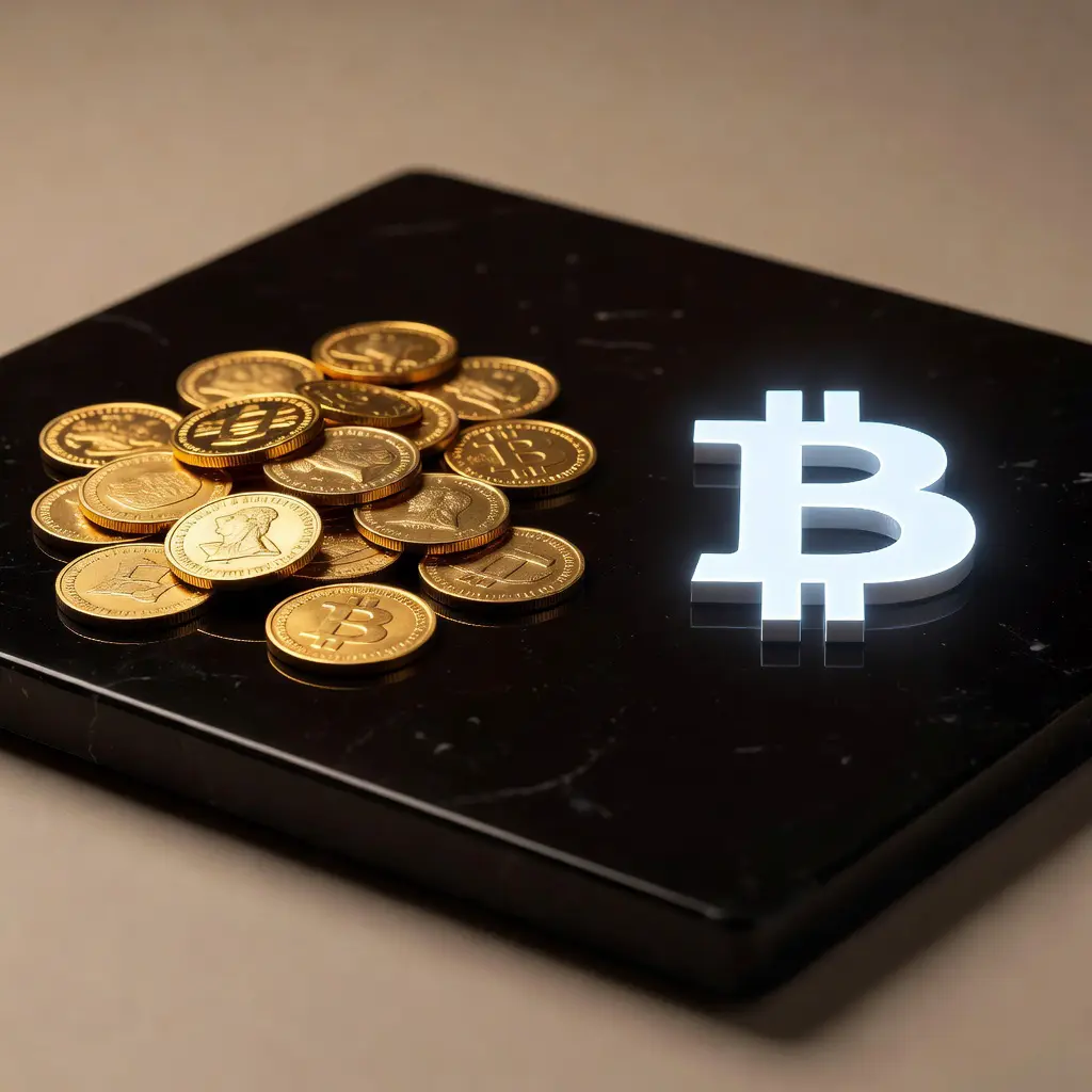 Золотые монеты рядом с символом Bitcoin на тёмном фоне — сравнение физического золота и криптовалюты как инвестиционных инструментов