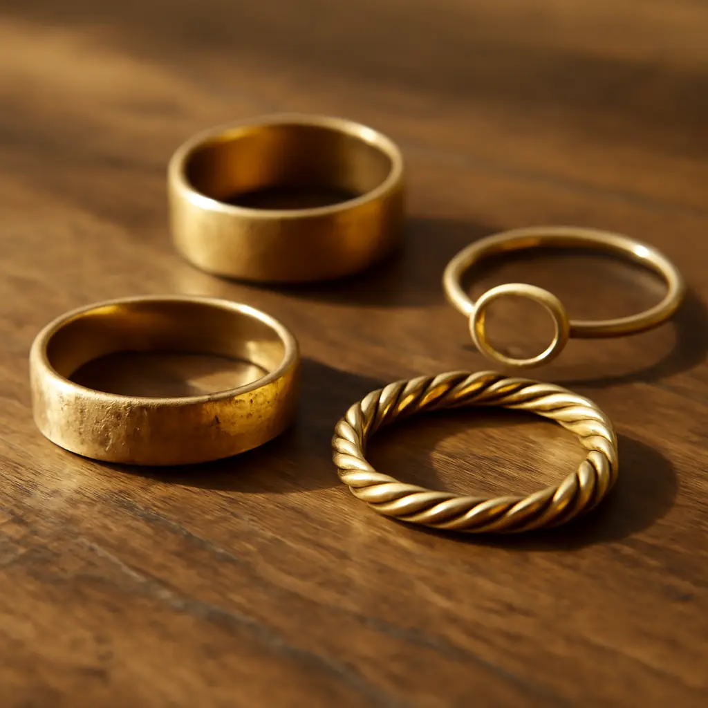 Золотые кольца на столе Разнообразие золотых колец для выбора и пример стилистики