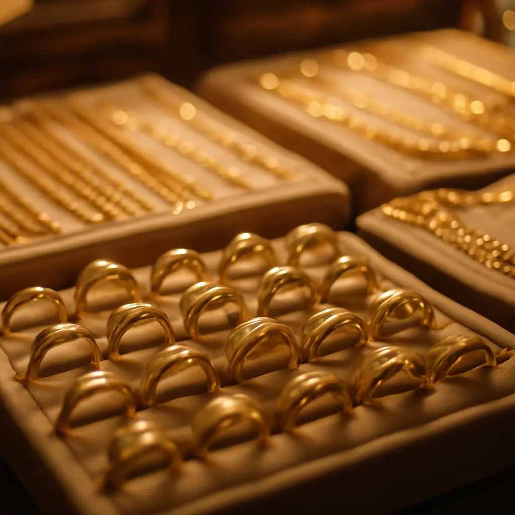 Подбор золотых украшений в витрине магазина