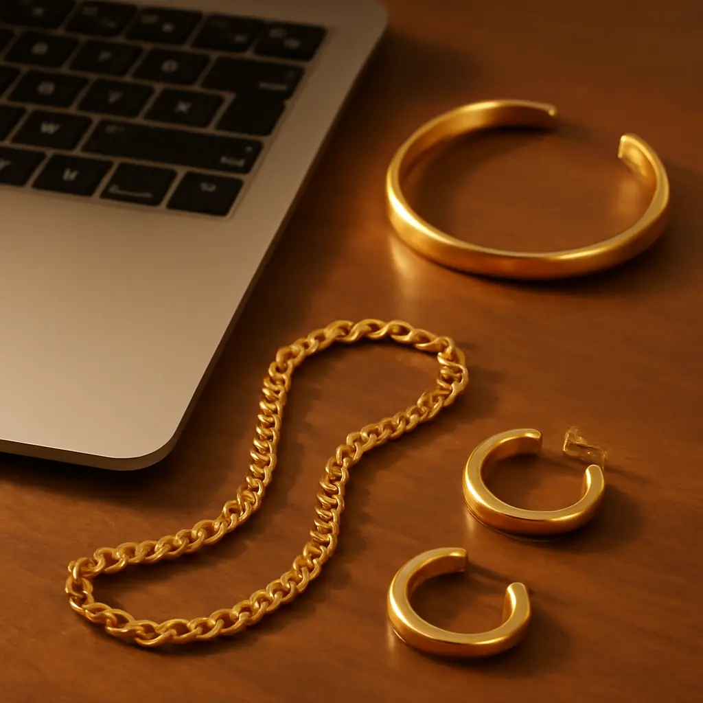Покупка золотых украшений через интернет, ноутбук и украшения на столе
