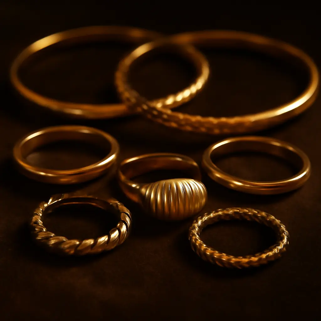 Золотые украшения разных проб Золотые кольца и браслеты разных проб на ювелирной витрине