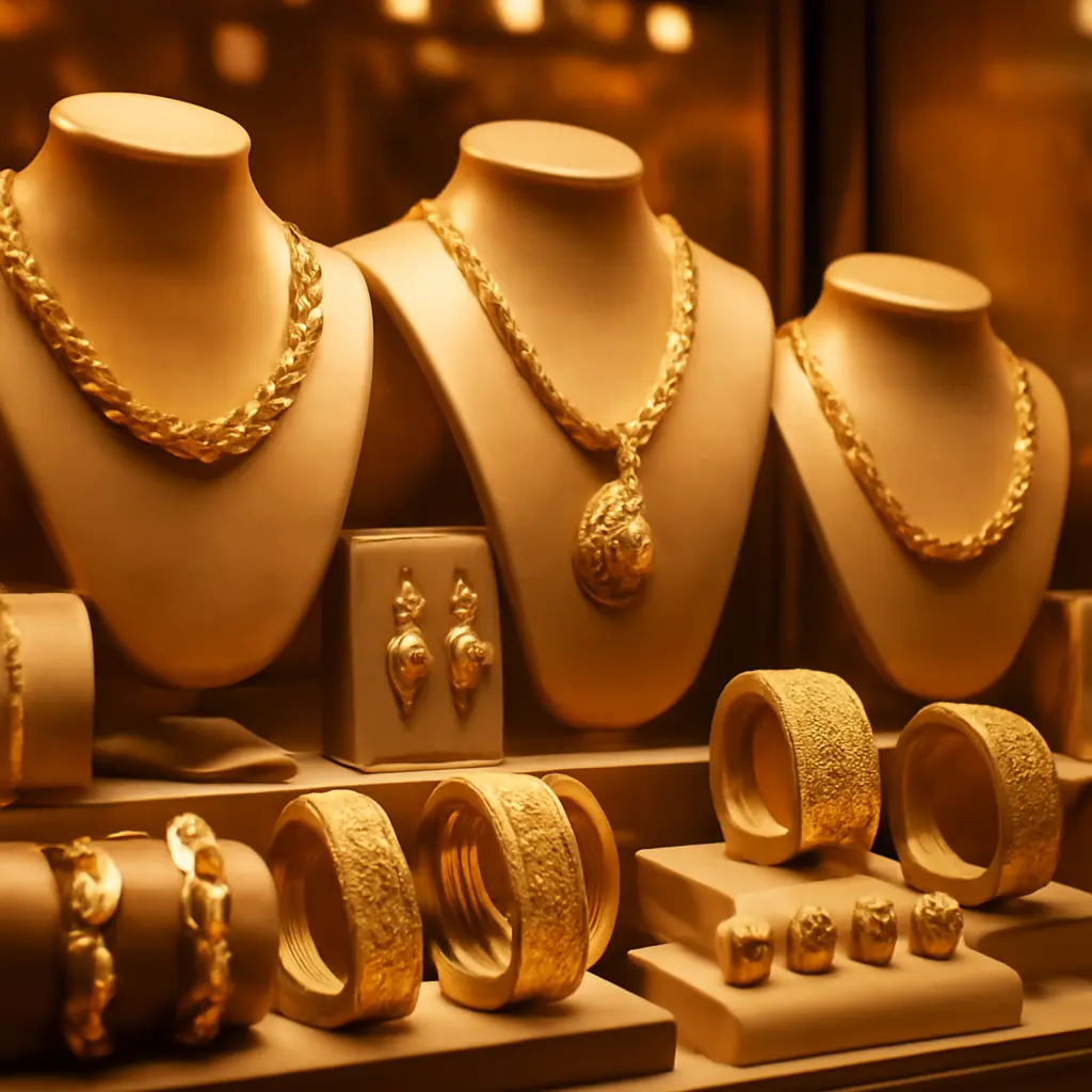 Витрина с золотыми украшениями в ювелирном магазине